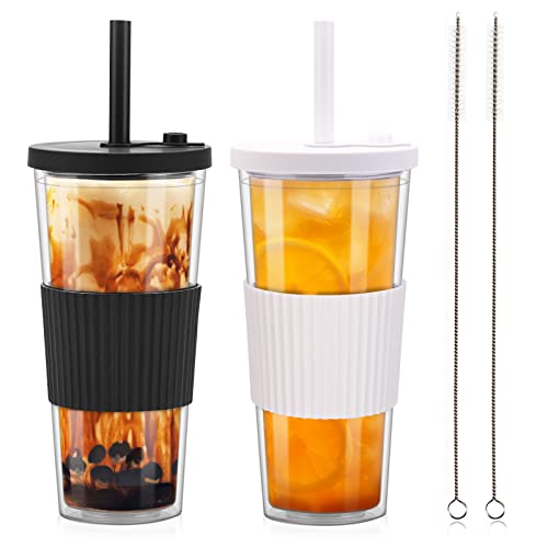 ZgoEC 24oz Bubble Tea Becher mit Strohhalm, 2er Trinkbecher mit Deckel und Strohhalm, Doppelwandig Isoliert Plastikbecher, Smoothie Becher Eiskaffee Becher, Tumbler Becher für Kaffee Bubble Tea von ZgoEC