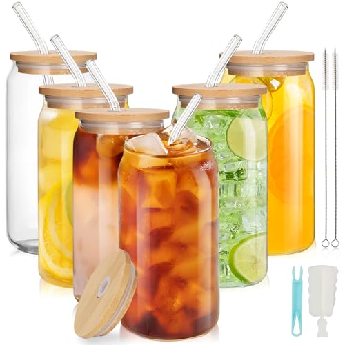 ZgoEC 16oz Eiskaffee Gläser mit Deckel und Strohhalm, 6pcs Trinkgläser in Dosenform, Glasbecher mit Strohhalm für Smoothie, Milchshakes, Saft, Bier, Longdrinkgläser als Geschenk, Spülmaschinenfest von ZgoEC