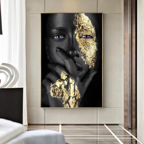 Afrikanische Kunst, Schwarz-Gold, Frau, Leinwandgemälde, Poster und Drucke, skandinavische Wandkunst, Bild für Wohnzimmerdekoration, 60 x 80 cm, goldener Rahmen Afrikanische Kunst, Schwarz-Gold, Frau, Leinwandgemälde, Poster und Drucke, skandinavische Wandkunst, Bild für Wohnzimmerdekoration, 60 x 80 cm, goldener Rahmen von Zhadongli Art