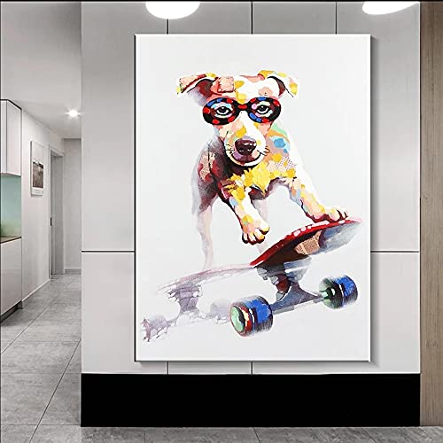 Bunte Graffiti-Kunst, Tier-Leinwandgemälde, Skateboard-Hund, Poster und Drucke, Wandkunst, Bild, Heimdekoration, 70 x 100 cm (28 x 39 Zoll) mit Rahmen von Zhadongli Art