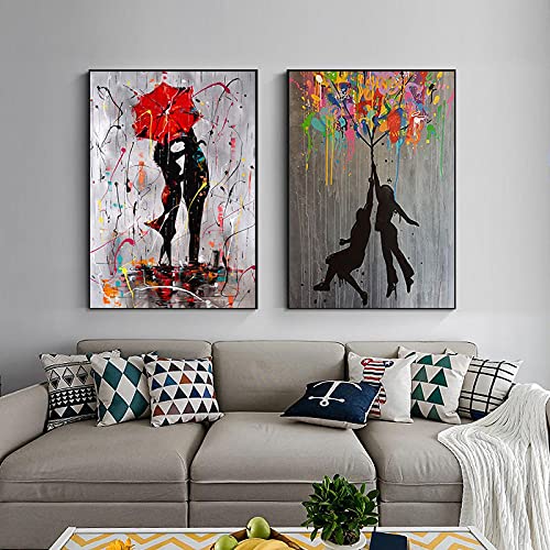 Buntes Ballonmädchen Street Graffiti Art Banksy Leinwand Gemälde Poster und Drucke Abstraktes Wandbild Bild Wohnkultur 60x90cm(24x35in) x2 Rahmenlos von Zhadongli Art