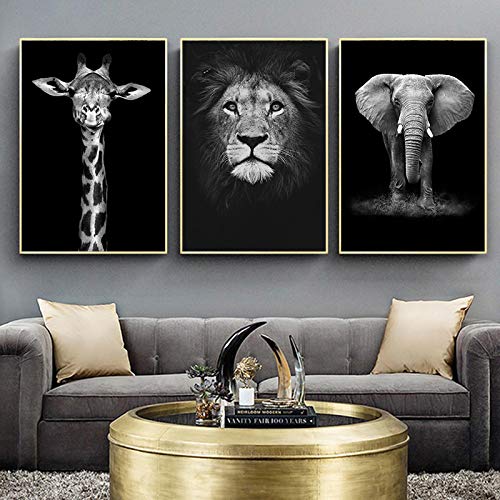 Elefant Löwe Giraffe Schwarz Weiß Tier für WohnzimmerLeinwand Malerei Kunstdrucke Nordische Dekoration Poster Bilder 50x65cm(20x26in) x3 Rahmenlos von Zhadongli Art