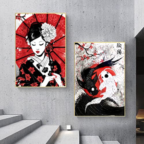 Japanische Geisha und Yin-Yang-Fische, Gemälde auf Leinwand, Wandkunst, Poster und Drucke, Bild für die Wohnzimmerdekoration, 60 x 80 cm (24 x 31 Zoll) x 2 mit Rahmen von Zhadongli Art