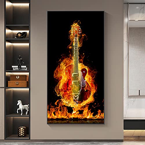 Moderne Musikalische Leinwand Malerei Instrumente Feuerbrennen E-Gitarre Poster Wandkunstdrucke Wohnzimmer Dekor Bilder 70x140cm (28x55in) Rahmenlos von Zhadongli Art