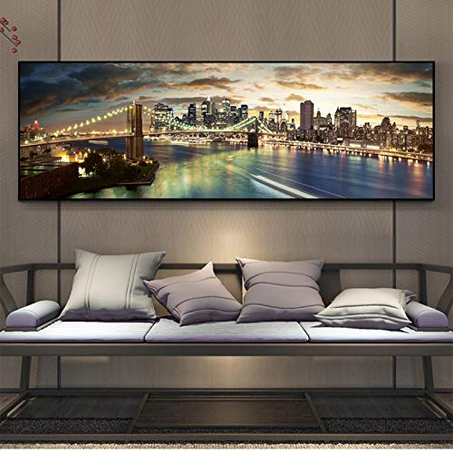 Nachtansicht von Brooklyn Bridge Landschaft Leinwand Gemälde an der Wand Kunst Poster und Drucke Moderne Stadt Leinwand Bild 60x180cm (24x71in) Rahmenlos von Zhadongli Art