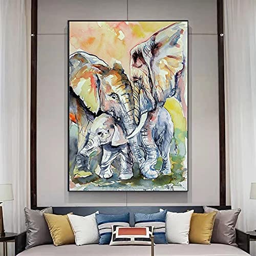 Prints Wall Art Elephant Family Animal Warm Colored Canvas Painting Posters Picture for Living Room Home Wall Decoration 60x80cm(24x31in) mit Rahmen von Zhadongli Art