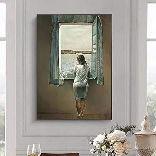 Salvador Dali Frau am Fenster Leinwand Kunstwerk Gemälde Poster und Drucke Wandkunst Bilder für Wohnzimmer Dekor 60 x 80 cm (24 x 31 Zoll) mit Rahmen von Zhadongli Art