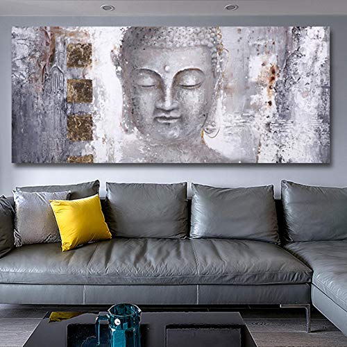 Abstrakte Buddha-Malerei auf Leinwand, große moderne Buddha-Leinwandbilder für Wohnzimmer, Wandkunstdrucke, Poster, 70 x 140 cm (28 x 55 Zoll) mit Rahmen von Zhadongli Art