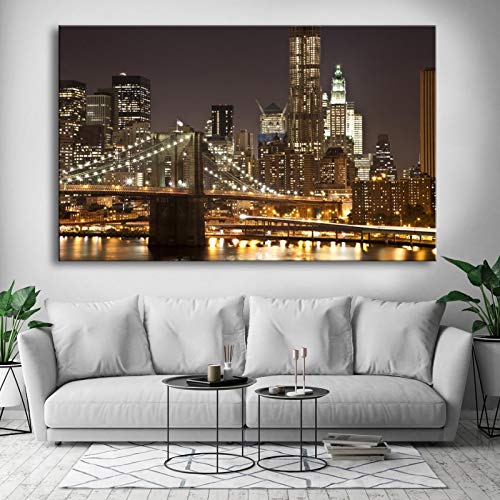 Zhadongli Art Große Wandkunstdrucke Moderne Brooklyn Bridge Lichter Nachtansicht Landschaft Poster Leinwand Gemälde Wandbilder Dekor 50x75cm(20x30in) Rahmenlos von Zhadongli Art
