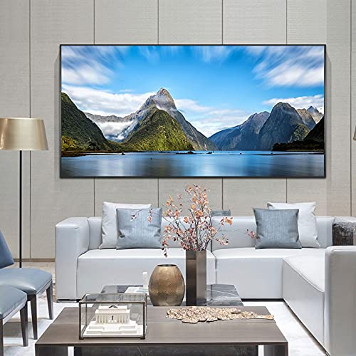 Zhadongli Art Milford Sound New Zealand Landschaft Leinwand Gemälde Natürliche Berge Poster Wandkunst Bild für Wohnzimmer Wohnkultur 80x160cm(31x63in) Rahmenlos von Zhadongli Art