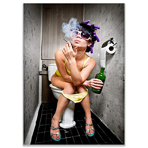 Zhadongli Art Moderne Toilette Frau Leinwand Malerei Gravur Bar Mädchen Rauchen und Trinken Badezimmer Wandkunst Bild Poster Dekoration 40 x 50 cm (16 x 20 Zoll) mit Rahmen von Zhadongli Art