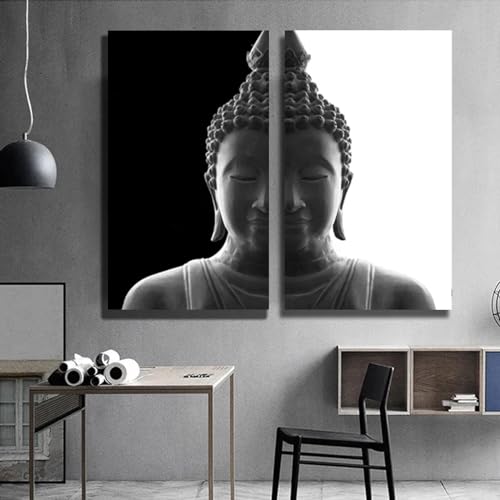 Zhadongli Art Moderne Wandkunst, Dekoration, Buddha-Kopf, Leinwand-Poster, schwarz-weiß, Bilder für Wohnzimmer, Poster, Drucke, Wandgemälde, 40 x 50 cm (16 x 20 Zoll) x 2 mit Rahmen von Zhadongli Art