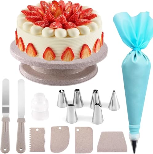 Zhangsiyu 15-teiliges Kuchendekorationsset mit Drehteller, 6 Spritztüllen, gerader und versetzter Spatel, 4 Schaber-Set, Zuckergusskupplung, Silikon-Gebäckbeutel, Backwerkzeug-Zubehör für Anfänger von Zhangsiyu