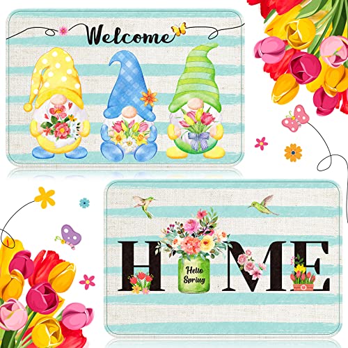 Zhanmai 2 Stück Frühlings-Willkommens-Fußmatten Frühlingswichtel Fußmatte 40 x 60 cm Aquarell Streifen Teppich waschbar rutschfeste Matten für Zuhause, Haustür, Küche, drinnen und draußen von Zhanmai