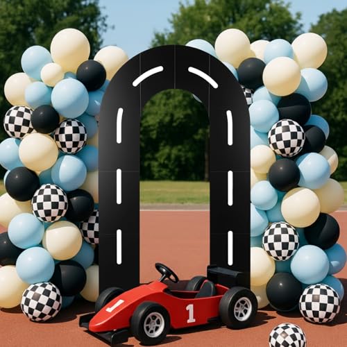 Zhanmai Rennparty-Hintergrund, Dekoration, Rennstrecke, Bogen-Hintergrundständer mit beschwertem Wasserbeutel, Rennstrecke, vorgeschnittenes Schaumstoffbrett-Set, Racer-Party-Dekoration für Rennwagen von Zhanmai
