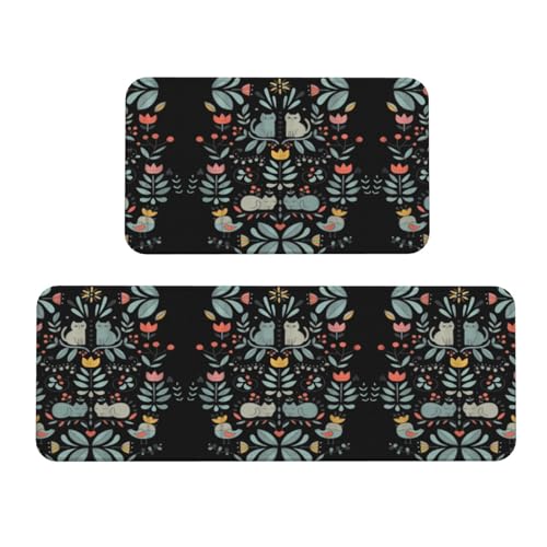 ZhaoYuGoods Lustige Katzen-Küchenmatten mit Vögeln und Blumen, bedruckt, rutschfest, für Bodenschutz, waschbar, Komfort-Standmatte für den Heimgebrauch, 43 cm x 75 cm + 43 cm x 120 cm, 2 Stück von ZhaoYuGoods