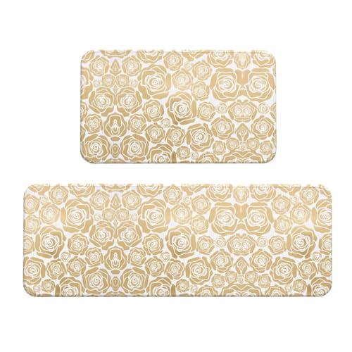 ZhaoYuGoods Viele goldene Blumen-Küchenmatten, bedruckt, rutschfeste Küchenteppiche zum Bodenschutz, waschbar, Komfort-Standmatte für den Heimgebrauch, 43 cm x 75 cm + 43 cm x 120 cm, 2 Stück von ZhaoYuGoods