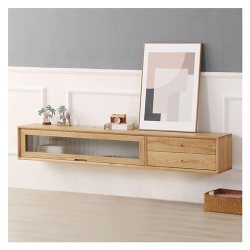 Fernsehschrank An der Wand hängender TV-Ständer, an der Wand montierter schwebender TV-Schrank mit 2 großen Schubladen und einem offenen Regal mit Glastür, TV-Konsolentisch, hängende Unterhaltungsmedi von Zhaoj24-05