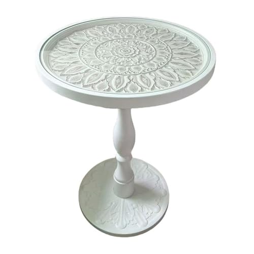 Zhaoj24-05 Beistelltische Vintage Geschnitzte Runde Tisch Glas Sofa Seite Freizeit Kaffee Römischen Säule(Weiß,Klein) von Zhaoj24-05