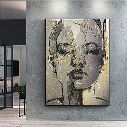 Zhaoyang Art Abstraktes Frauengesicht, Leinwandgemälde, Figurenposter, Wandkunst, Bilder für Wohnzimmer, goldene Heimdekoration, Porträt, 95 x 140 cm, mit schwarzem Rahmen von Zhaoyang Art