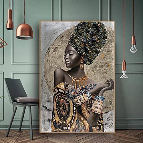 African Black Woman Graffiti Art Wall Prints Gold Frame African Girl Abstract Canvas Paintings Wall Art Pictures Decor 90x130cm/35x51in Golden Frame von Zhaoyang Art