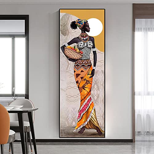 Afrikanische Frauen Porträt Leinwand Gemälde Vintage Übergroße Schwarze Mädchen Wandkunst Bilder für Wohnzimmer Dekoration 40x120cm/16x47in Mit Rahmen von Zhaoyang Art