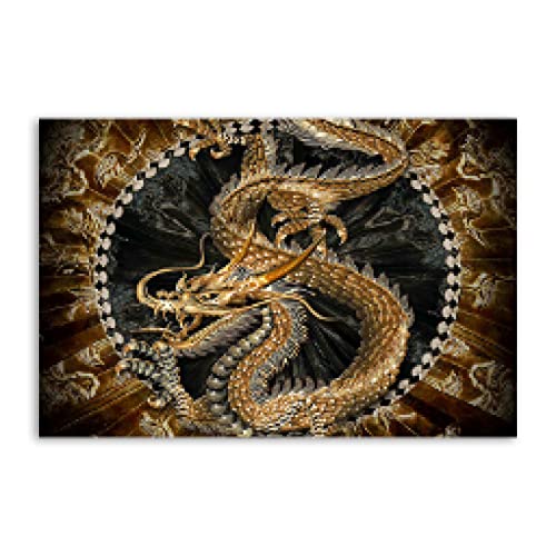 Golden Dragon Poster und Drucke Moderne Luxus-Wand-Kunst-Leinwand-Malerei Chinesische Drachen-Bilder für Wohnzimmer-Dekoration 16 x 26 Zoll/40 x 65 cm mit Rahmen von Zhaoyang Art