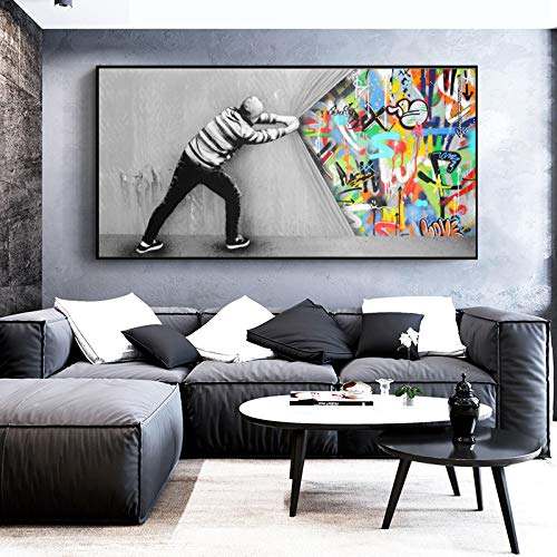 Graffiti-Kunst hinter dem Vorhang Malerei auf Leinwand Poster und Drucke Street Wall Art Bild für Wohnzimmer Wohnkultur 70x144cm(27,6x56,7in) Innerer Rahmen von Zhaoyang Art