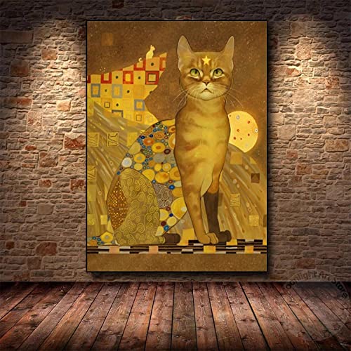 Gustav Klimt Katze Kunst Leinwand Gemälde Abstrakt Retro Tier Haustier Golden Schwarz gerahmtes Bild Druck Dekor für Wohnzimmer 28x47inch/70x120cm mit schwarzem Rahmen von Zhaoyang Art