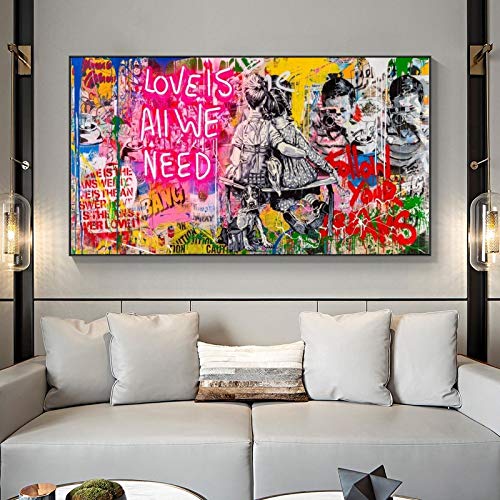 Love Is All We Need – Banksy Graffiti Street Art Großes Gemälde Drucke Schwarz gerahmtes Wandkunstbild für Wohnzimmer 85 x 195 cm/33 x 77 Zoll mit schwarzem Rahmen von Zhaoyang Art