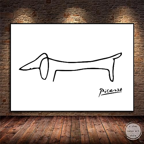 Picasso-Dackel-Hund, minimalistische Kunst, abstrakte Linie, Leinwandgemälde, schwarz gerahmt, Drucke, Bild für Wohnzimmerdekoration, 40 x 65 cm/16 x 26 Zoll mit schwarzem Rahmen von Zhaoyang Art