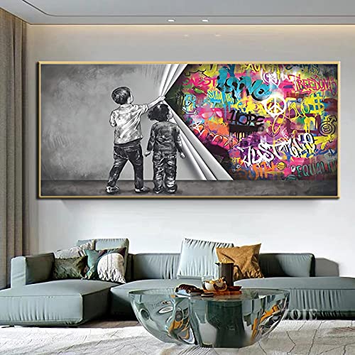 Street Art Banksy Graffiti-Wandkunst hinter dem Vorhang, Leinwandgemälde, Ölgemälde, XXL-Wandkunst, Bilder für Heimdekoration, 75 x 160 cm, mit goldenem Rahmen von Zhaoyang Art