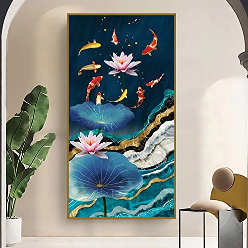 Zhaoyang Art Chinesische Neun Koi Fisch Landschaftsdrucke Feng Shui Karpfen Lotus Teich Wandkunst Bild Leinwand Gemälde Für Wohnkultur 80x162cm/32x64in Goldener Rahmen von Zhaoyang Art