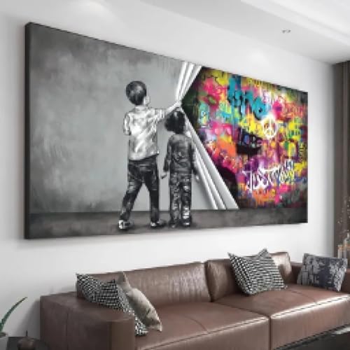 Zhaoyang Art Graffiti-Kind, aufgedeckte Gerechtigkeit, Leinwandgemälde, Banksy-Wandkunst, großformatiger Druck, Junge hinter dem Vorhang, Bild, Dekoration, 100 x 200 cm/39 x 79 Zoll, ungerahmt von Zhaoyang Art