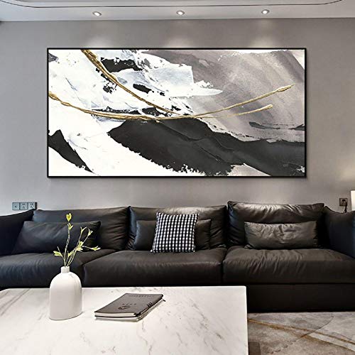 Zhaoyang Art Großes Ölgemälde Schwarz-Weiß-XXL, modernes abstraktes, fertig zum Aufhängen, schwarze gerahmte Wandkunst, Heimdekoration, 35 x 71 Zoll/90 x 180 cm, mit schwarzem Rahmen von Zhaoyang Art