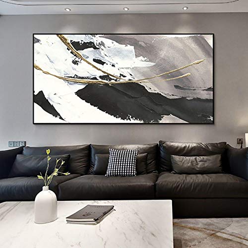 Zhaoyang Art Großes Ölgemälde Schwarz-Weiß-XXL, modernes abstraktes, fertig zum Aufhängen, schwarze gerahmte Wandkunst, Heimdekoration, 39 x 78 Zoll/100 x 200 cm, mit schwarzem Rahmen von Zhaoyang Art