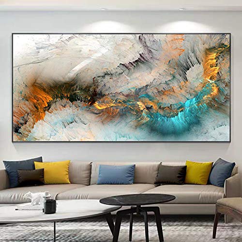 Zhaoyang Art Hellgrau, Gold, Blau, bunte Wolken, Poster und Drucke, Leinwandgemälde, Druck, abstrakte Wandkunst für Wohnzimmer, Heimdekoration, 60 x 140 cm/24 x 55 Zoll, mit schwarzem Rahmen von Zhaoyang Art