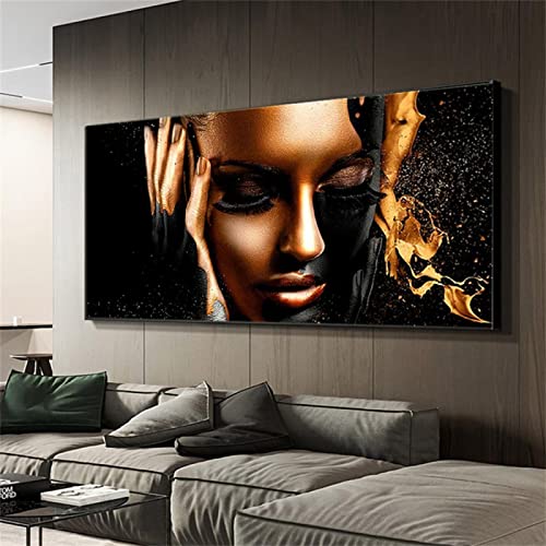 Zhaoyang Art Moderne schwarze Frauen Gesicht goldene Flüssigkeit Leinwand Gemälde abstrakte Frau schwarz gerahmte Bilder für Wohnzimmer Dekoration 65 x 120 cm/26 x 47 Zoll mit schwarzem Rahmen von Zhaoyang Art