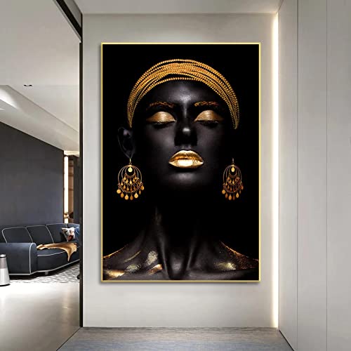 Zhaoyang Art Schwarz Gold Afrikanische Frau Druckt Moderne Leinwand Malerei Dekor mit Goldrahmen Wandkunst Bilder Für Wohnzimmer Wandbild 40x75cm/16x30inch Mit Goldenem Rahmen von Zhaoyang Art