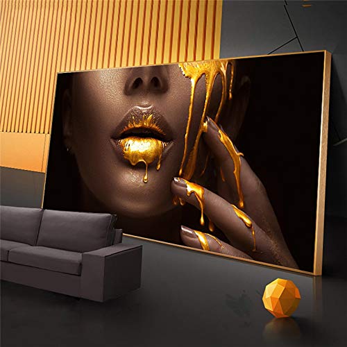 Zhaoyang Art Übergroße goldene Lippen Leinwand Gemälde schwarz afrikanische Frau Gesicht Drucke zeitgenössische Wandkunst Goldrahmen Bilder 65 x 130 cm/26 x 51 Zoll goldener Rahmen von Zhaoyang Art