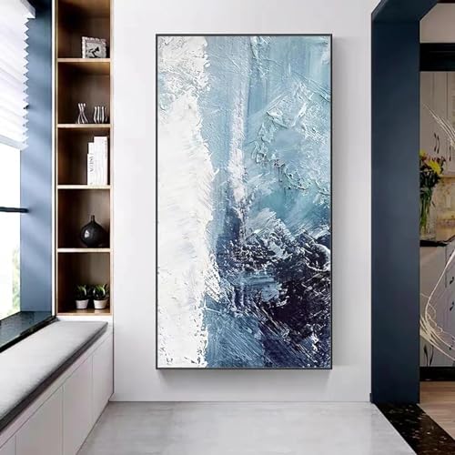 Zhaoyang Art Übergroßes Ölgemälde, abstrakte Meereslandschaft, Leinwand-Wandkunst, Marineblau und Weiß, schwarz gerahmte Wandkunst für moderne Bilder, 100 x 200 cm/39 x 78 Zoll, schwarzer Rahmen von Zhaoyang Art