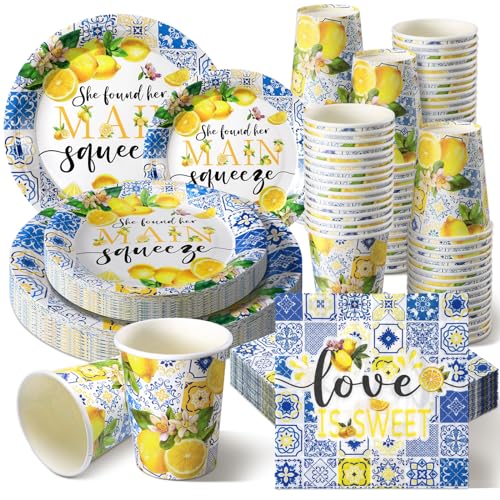 Zhehao Capri-Zitronen-Servietten-Set, 250 Stück, 22,9 cm Speiseteller und 17,8 cm Dessertteller und 266 ml Becher, 100 Servietten, 50 Stück, Partyzubehör, Brautparty, Verlobungsdekoration von Zhehao
