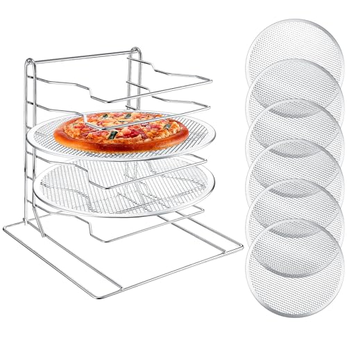 Zhehao Pizzaregal mit 6 Etagen, 34 cm H x 30,5 cm L x 30,5 cm B und 6 Stück 30,5 cm Pfannen mit Löchern, Aluminium-Backset für einfache Lagerung und Backen mehrerer Pizzas von Zhehao