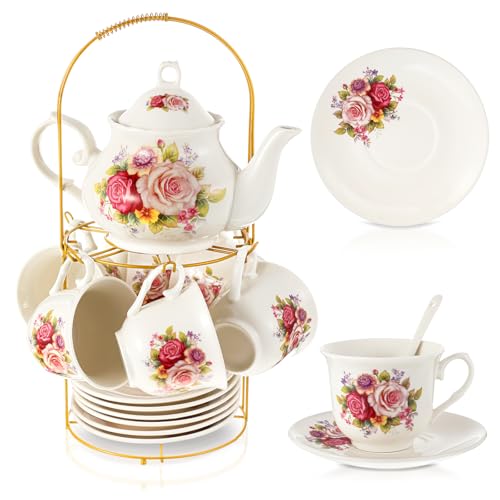 Zhehao Porzellan-Teeset mit Metallhalter und Löffel, für Erwachsene, Keramik, Teeparty-Set, europäische Blumenmalerei, Teekanne, Tasse, Untertasse, Löffel für Frauen, große Version (moderner Stil), 20 von Zhehao
