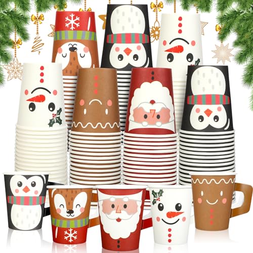 Zhehao Weihnachts-Pappbecher mit Griffen, Weihnachtsmann-, Schneemann-, Elch- und Pinguin-Pappbecher für den täglichen Gebrauch, Urlaub, Party, Trinkgeschirr (100) von Zhehao