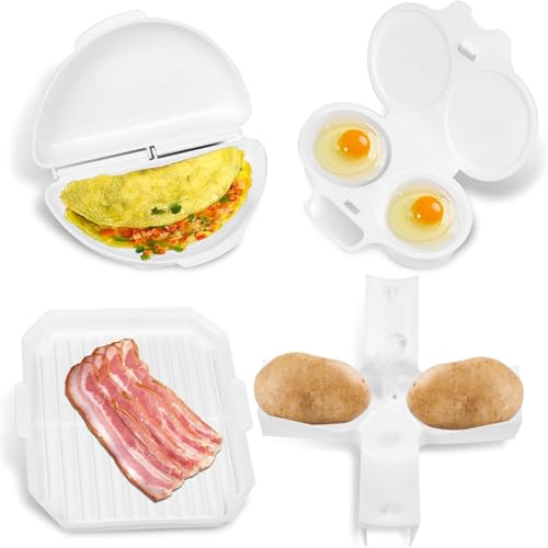 4-teiliges einfaches Frühstücksset, Mikrowellen-Eierkocher/Pochierer, Mikrowellen-Omelett-Maker, mikrowellengeeigneter Speckgrill/Gestell/Herdtablett, gebackener Kartoffelkocher, einfach zu bedienen von Zheigaoxea
