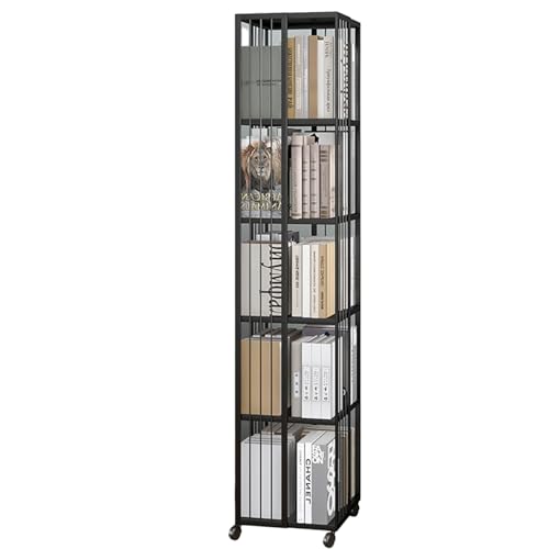 Drehbares Bücherregal, 360-Grad-Bücherregal beweglicher Boden Haushalt einfache Kinder Aufbewahrung Veranstalter, Eisen-Regal mit Universal-Räder (Color : Schwarz, S : 35 * 139cm) von Zheng Hui Shop