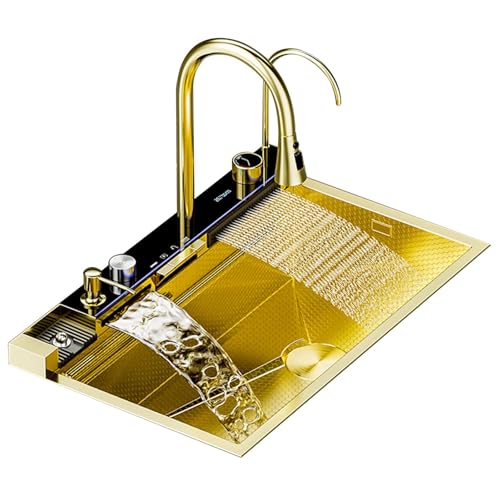 Küchenspüle, Gold 304 Edelstahl Wasserfall Einzelspüle, Deluxe Smart Kitchen Spüle, Piano Key Dispense + zwei Wasserfall-Modi mit Pull Out Wasserhahn (80 * 46 * 22cm) von Zheng Hui Shop