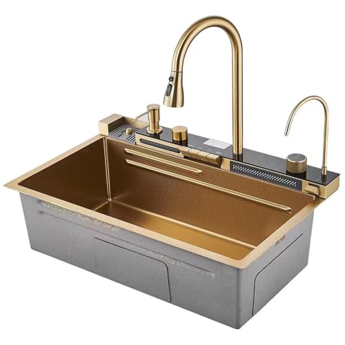 Küchenspüle, Gold 304 Edelstahl Wasserfall Einzelspüle, Deluxe Smart Kitchen Spüle, Piano Key Dispense + zwei Wasserfall-Modi mit Pull Out Wasserhahn von Zheng Hui Shop