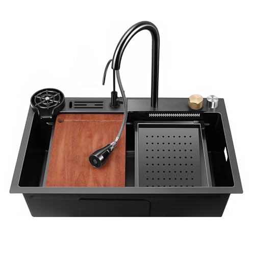 Küchenspüle Schwarzer Edelstahl-Wasserfall-Küchenspüle Einzelschüssel Küchenspüle Workstation mit ausziehbarem Wasserhahn und mehreren Zubehörteilen mit Messerablage (S : 68 * 45 * 22cm) von Zheng Hui Shop